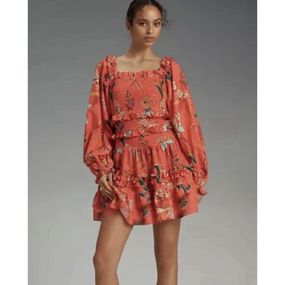 Farm Rio Smocked Ruffle Mini Dress M Coral Tropical Floral Puff Sleeve - Picture 5 of 14